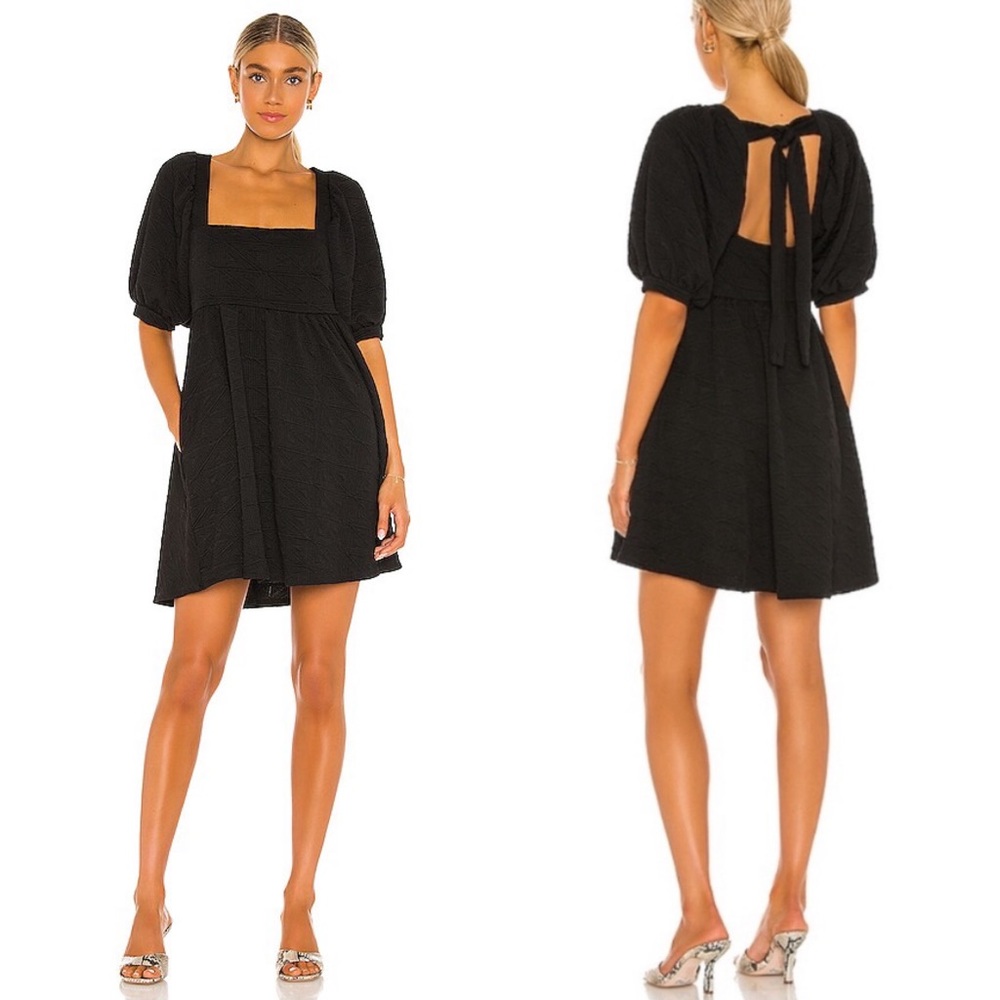 Free People Black Puff Sleeve Tie Back Violet Mini Dress Size XS